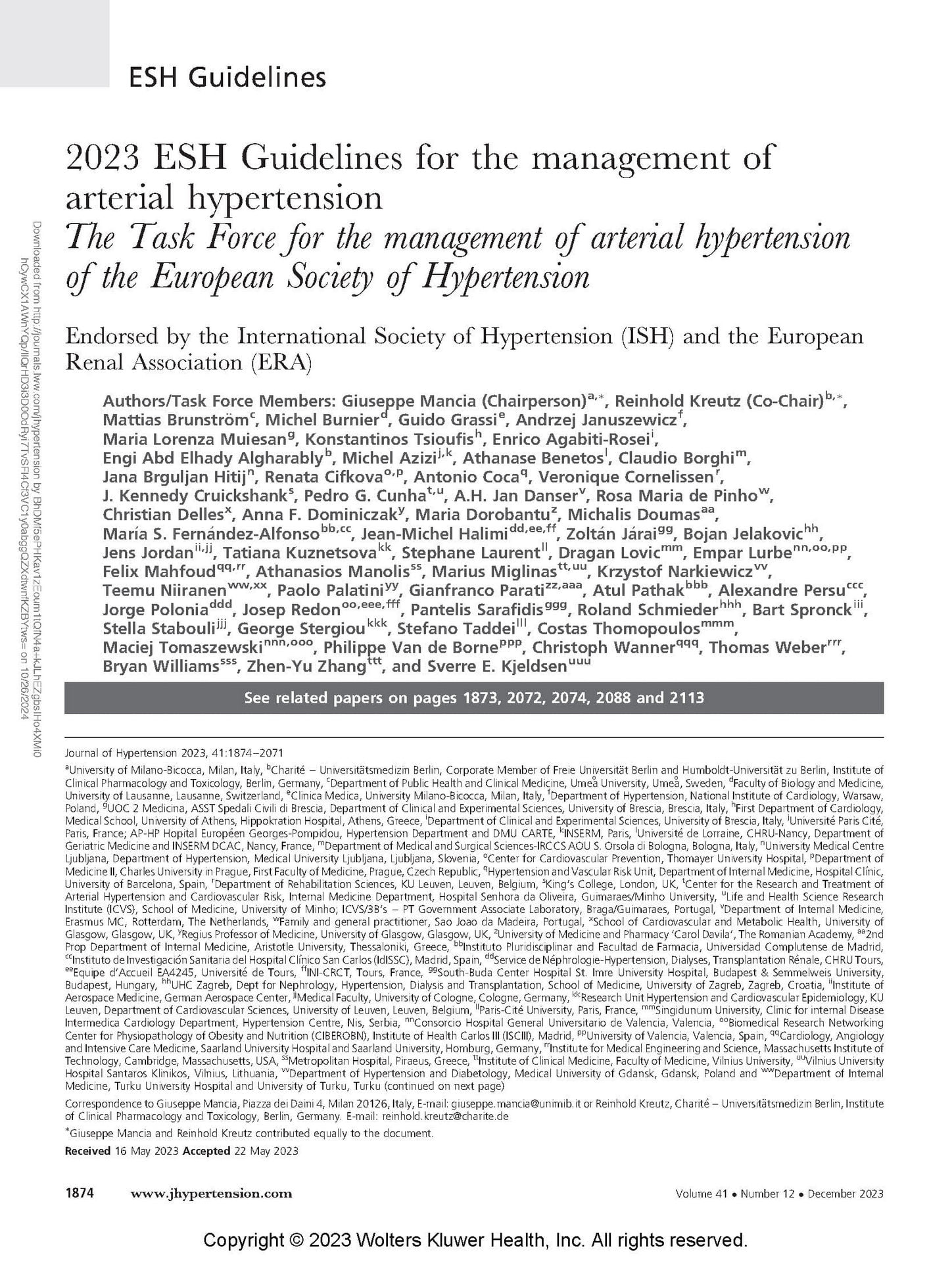 2023 ESH Guidelines for the management of arterial hypertension